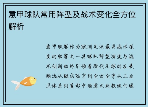 意甲球队常用阵型及战术变化全方位解析