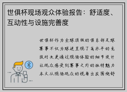 世俱杯现场观众体验报告：舒适度、互动性与设施完善度