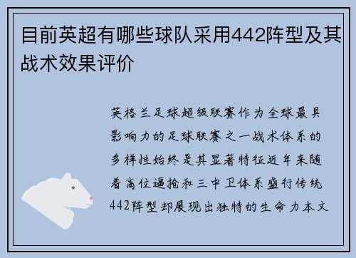 目前英超有哪些球队采用442阵型及其战术效果评价